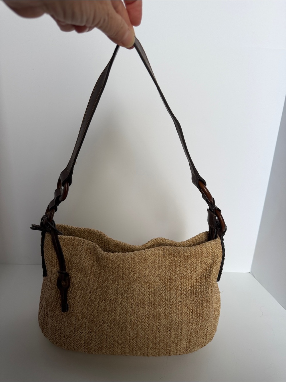 Fossil Woven Straw Shoulder Bag with Dark Brown Strap
